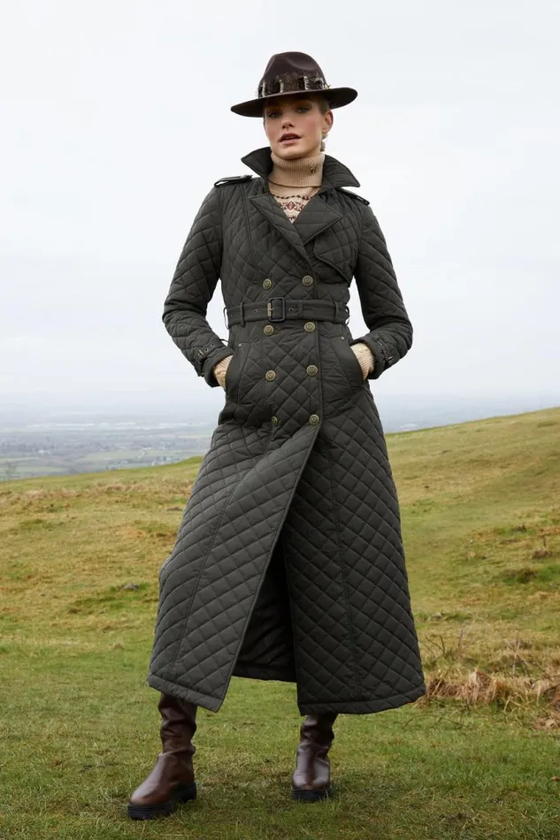 Women Full Length Enstone Quilted Trench Coat Dark Olive Holland Cooper Coats
