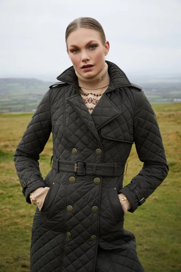 Women Full Length Enstone Quilted Trench Coat Dark Olive Holland Cooper Coats