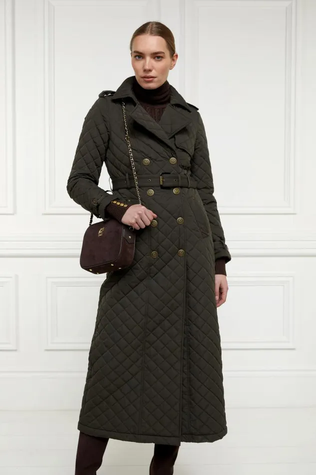 Women Full Length Enstone Quilted Trench Coat Dark Olive Holland Cooper Coats