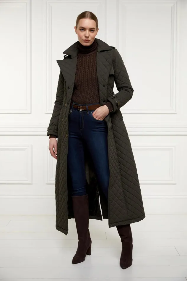 Women Full Length Enstone Quilted Trench Coat Dark Olive Holland Cooper Coats