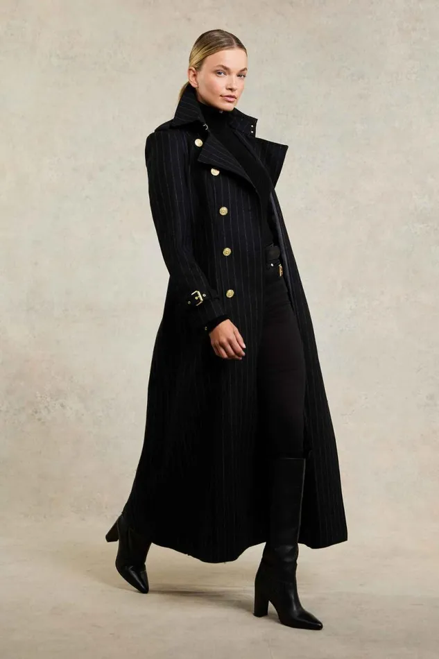 Women Full Length Marlborough Trench Coat Black Pinstripe Holland Cooper Coats