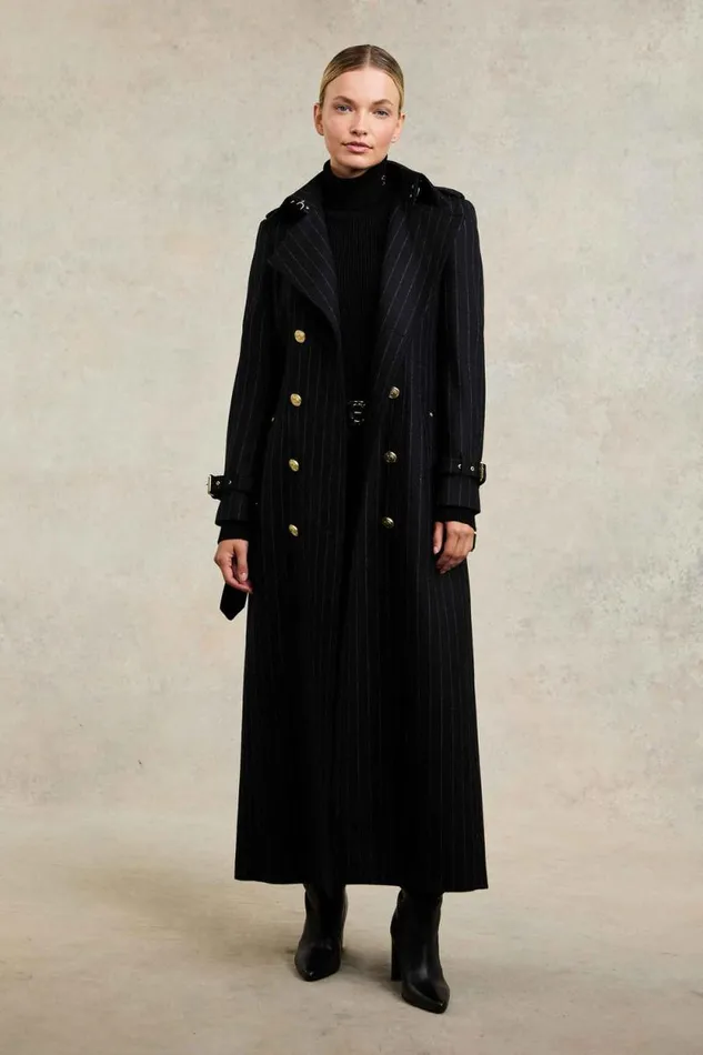 Women Full Length Marlborough Trench Coat Black Pinstripe Holland Cooper Coats