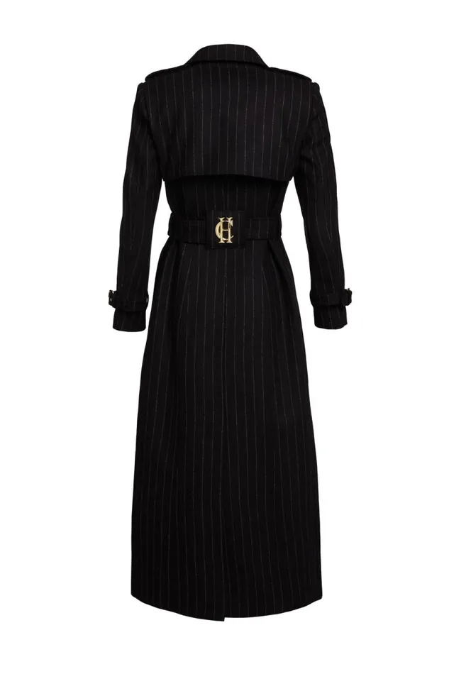 Women Full Length Marlborough Trench Coat Black Pinstripe Holland Cooper Coats