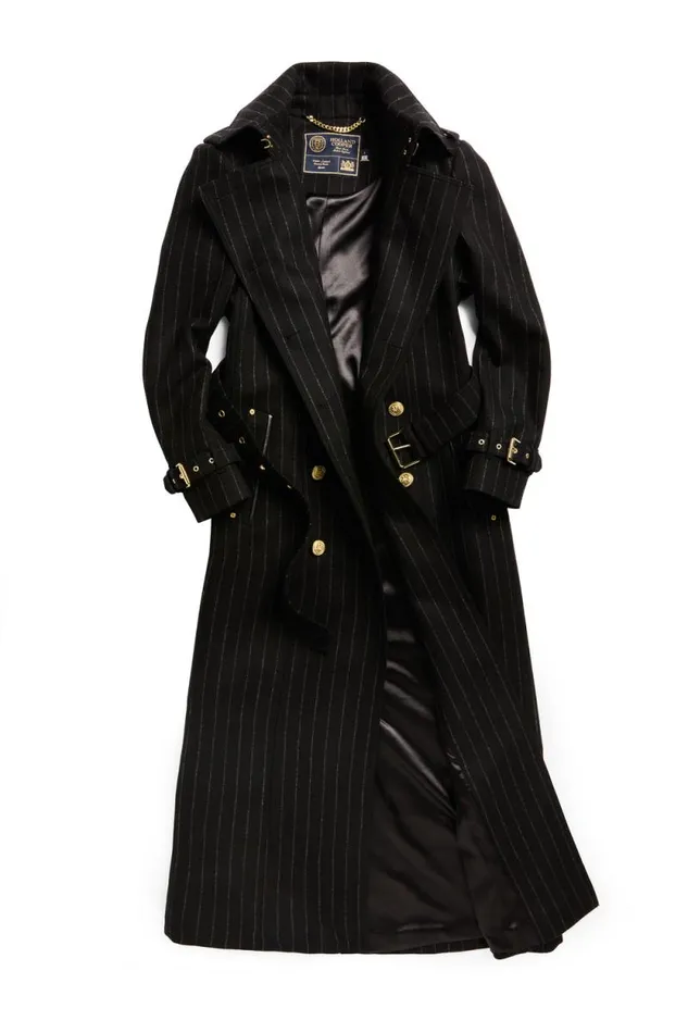 Women Full Length Marlborough Trench Coat Black Pinstripe Holland Cooper Coats