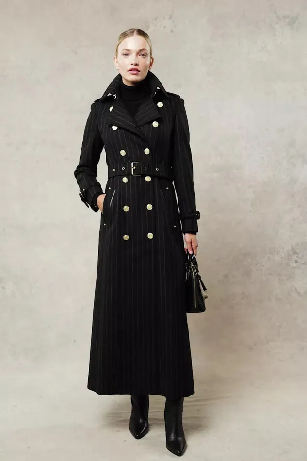 Women Full Length Marlborough Trench Coat Black Pinstripe Holland Cooper Coats