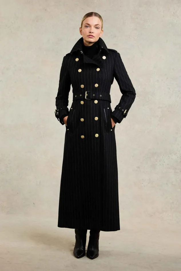 Women Full Length Marlborough Trench Coat Black Pinstripe Holland Cooper Coats