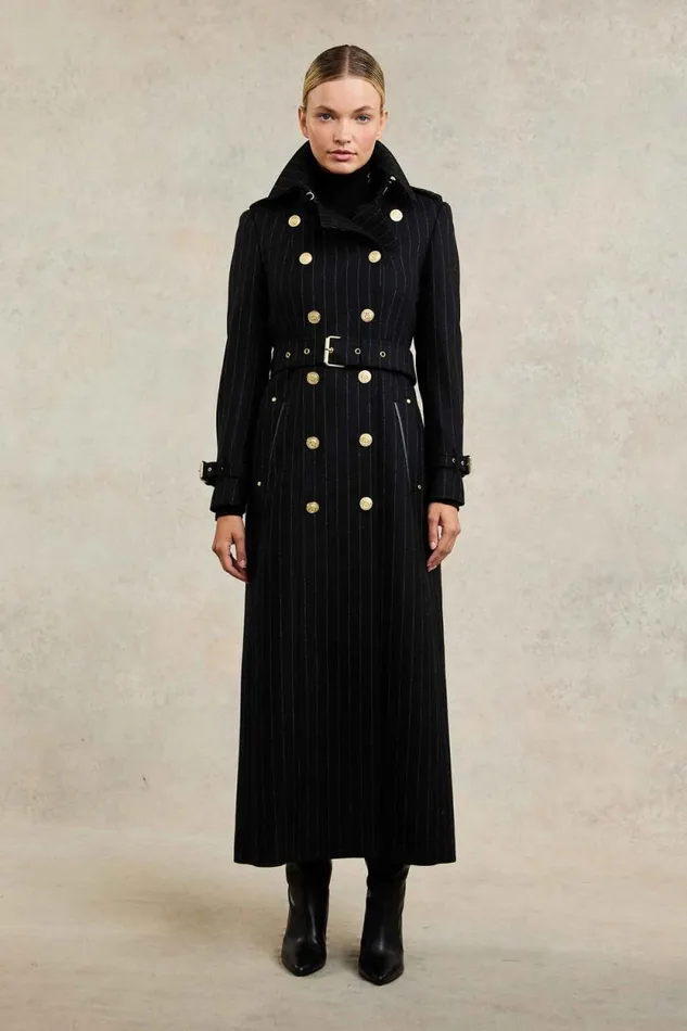 Women Full Length Marlborough Trench Coat Black Pinstripe Holland Cooper Coats