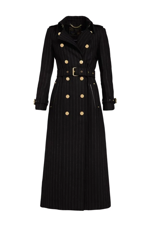 Women Full Length Marlborough Trench Coat Black Pinstripe Holland Cooper Coats