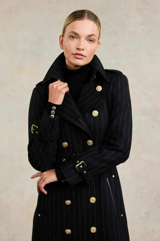 Women Full Length Marlborough Trench Coat Black Pinstripe Holland Cooper Coats