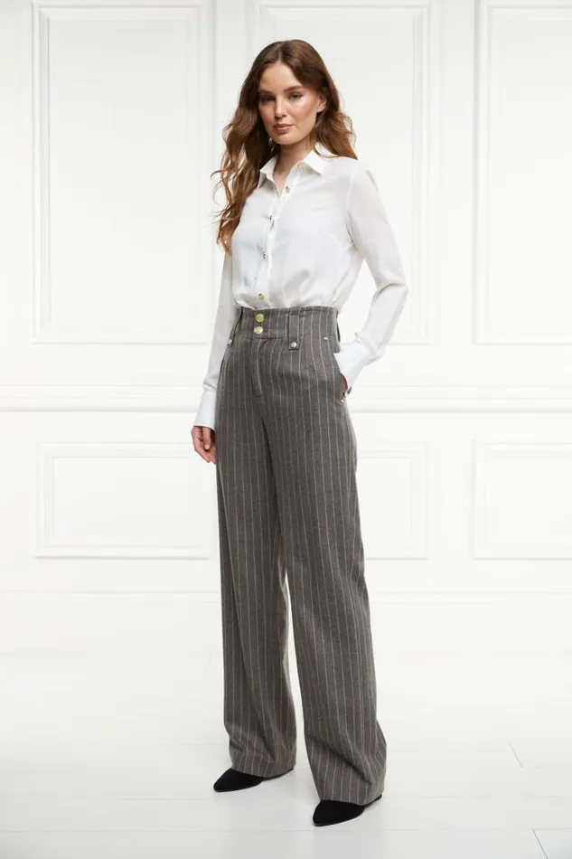 Women High Waisted Straight Trouser Soft Grey Pinstripe Holland Cooper Tailoring