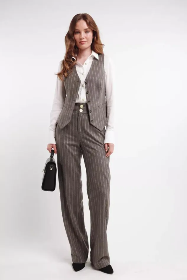 Women High Waisted Straight Trouser Soft Grey Pinstripe Holland Cooper Tailoring