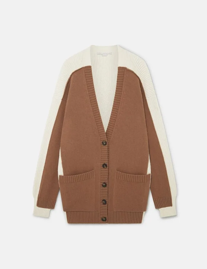 Women Hybrid Oversized VNeck Cardigan Light Brown White Stella McCartney Knitwear
