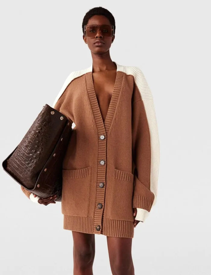 Women Hybrid Oversized VNeck Cardigan Light Brown White Stella McCartney Knitwear Women Hybrid Oversized VNeck Cardigan Light Brown White Stella McCartney Knitwear