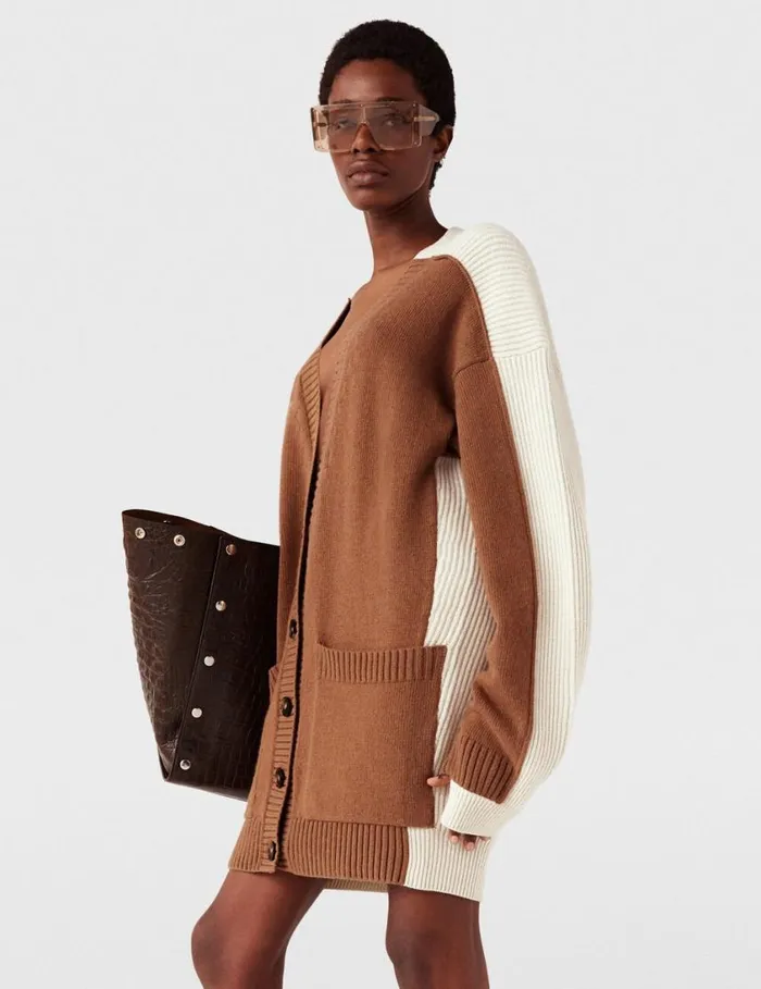 Women Hybrid Oversized VNeck Cardigan Light Brown White Stella McCartney Knitwear Women Hybrid Oversized VNeck Cardigan Light Brown White Stella McCartney Knitwear
