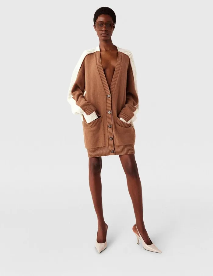 Women Hybrid Oversized VNeck Cardigan Light Brown White Stella McCartney Knitwear Women Hybrid Oversized VNeck Cardigan Light Brown White Stella McCartney Knitwear