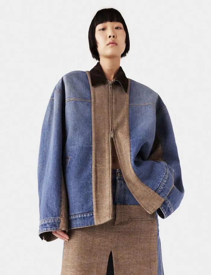 Women Hybrid Panel Denim Barn Jacket Beige Tweed And Blue Denim Stella McCartney Coats And Jackets