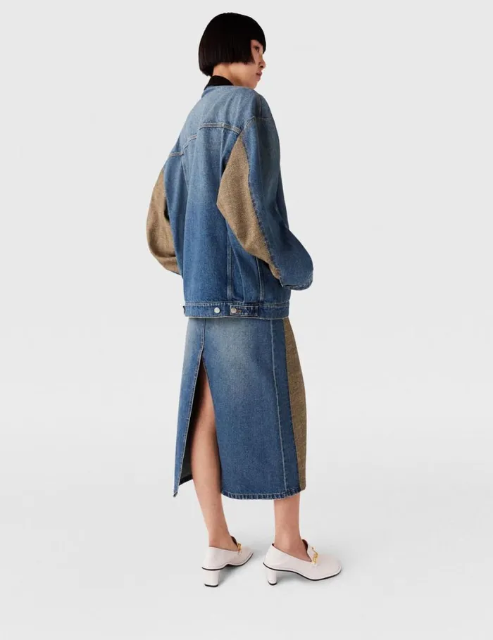 Women Hybrid Panel Denim Barn Jacket Beige Tweed And Blue Denim Stella McCartney Coats And Jackets