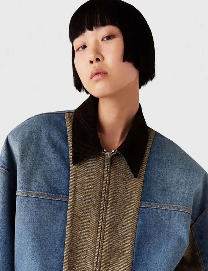 Women Hybrid Panel Denim Barn Jacket Beige Tweed And Blue Denim Stella McCartney Coats And Jackets