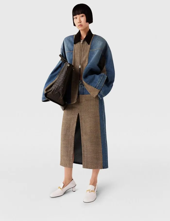 Women Hybrid Panel Denim Barn Jacket Beige Tweed And Blue Denim Stella McCartney Coats And Jackets