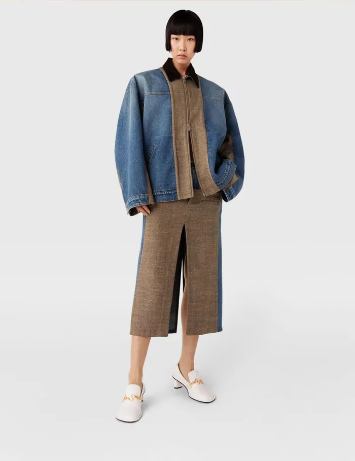 Women Hybrid Panel Denim Barn Jacket Beige Tweed And Blue Denim Stella McCartney Coats And Jackets