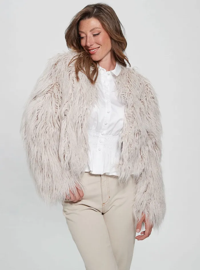 Women Jackets and Coats GUESS Cream White Nora Faux Fur Jacket Women Jackets and Coats GUESS Cream White Nora Faux Fur Jacket