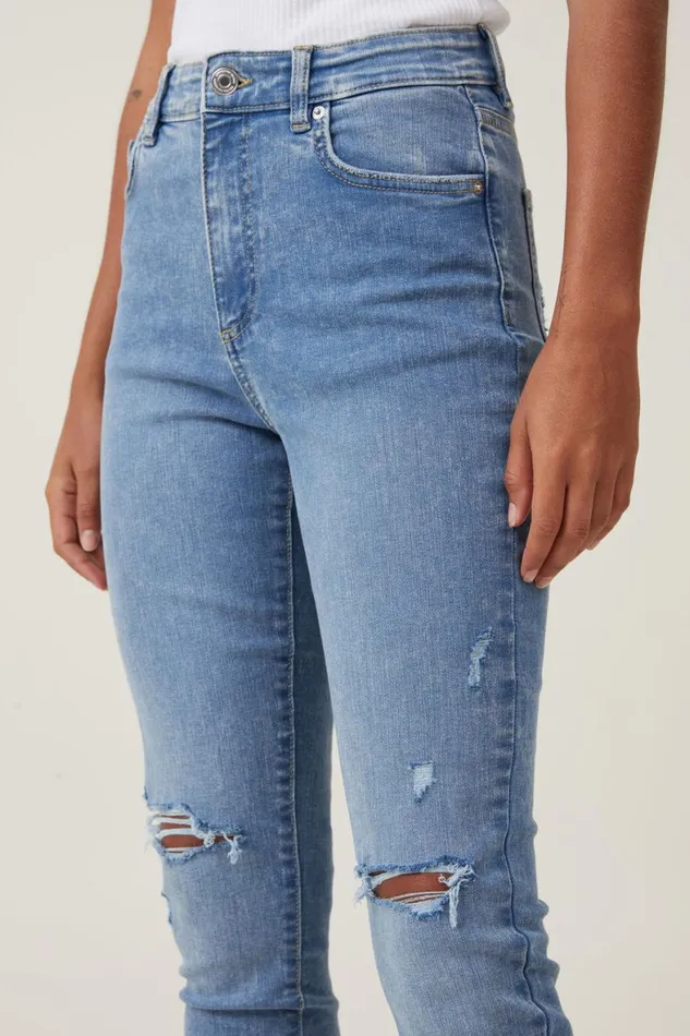 Women Jeans Cotton On High Rise Skinny Jean Bells Blue Rip