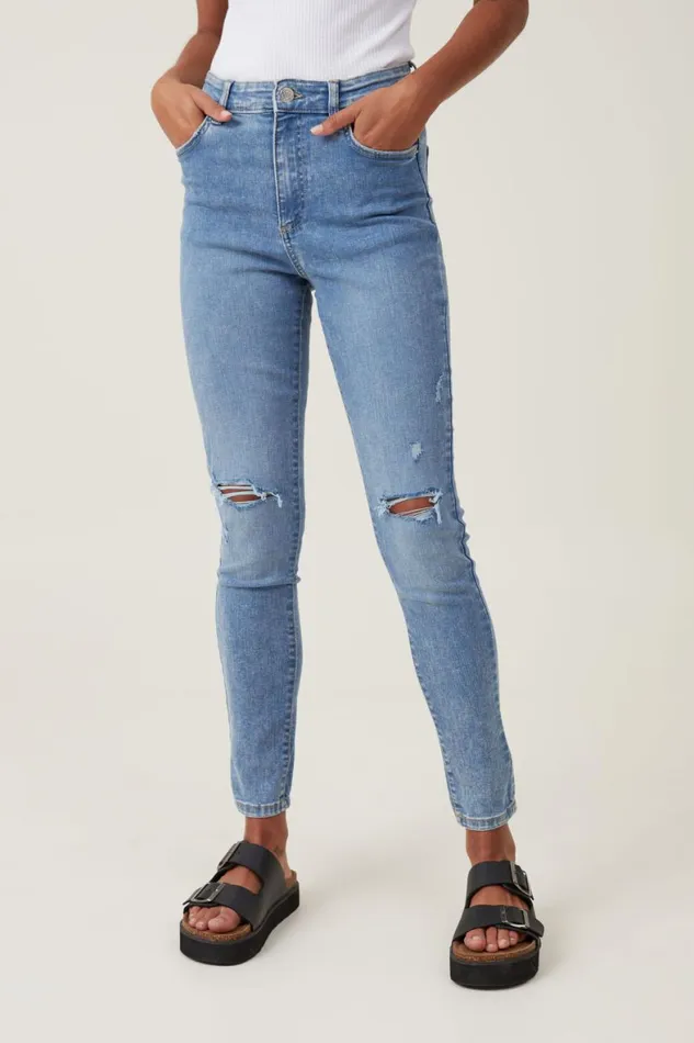 Women Jeans Cotton On High Rise Skinny Jean Bells Blue Rip
