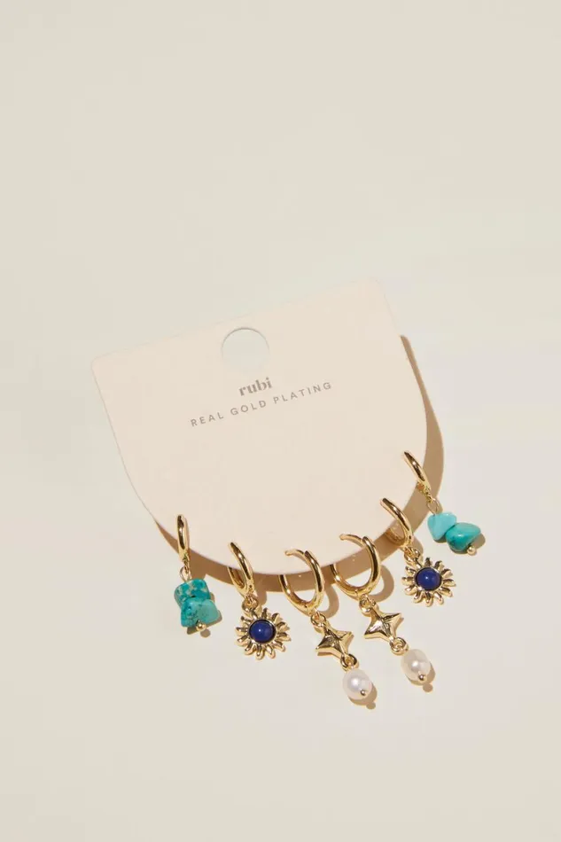 Women Jewelry Cotton On 3Pk Mid Earring Gold Plated Sodalite Turquoise Sun