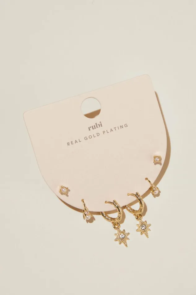 Women Jewelry Cotton On 3Pk Small Earring Gold Plated Star And Pearl