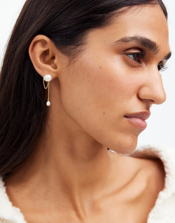Women Jewelry Madewell Freshwater Pearl Dangle Chain Stud Earrings Vintage Gold