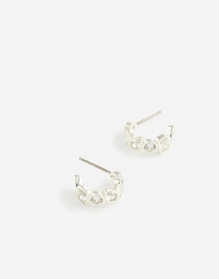 Women Jewelry Madewell MixedCut Crystal Cluster Huggie Hoop Earrings Polished Silver