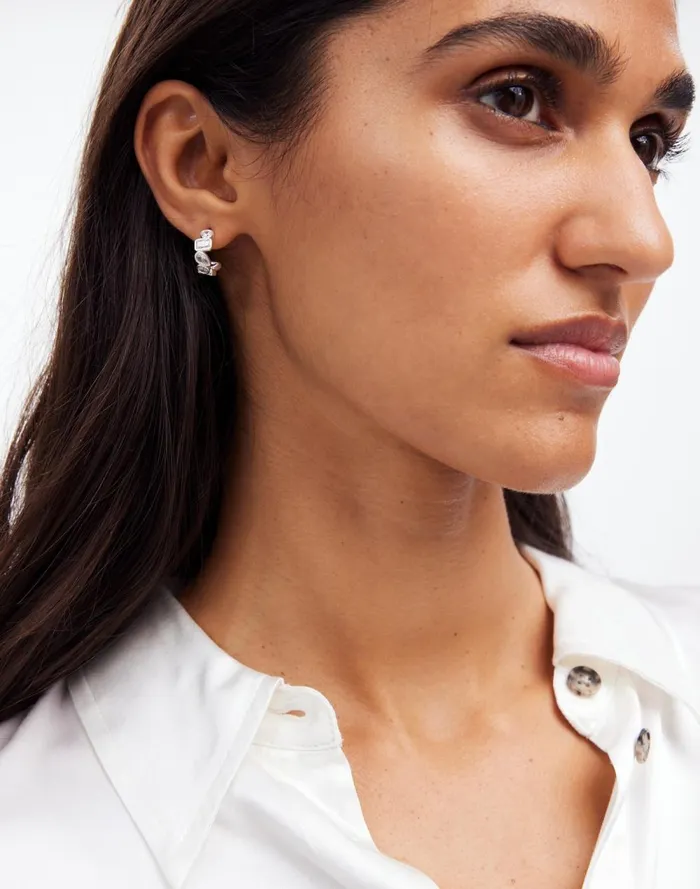 Women Jewelry Madewell MixedCut Crystal Cluster Huggie Hoop Earrings Polished Silver