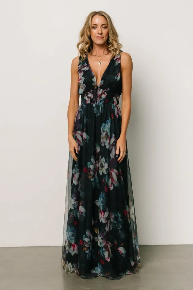 Women Kamila Tulle Maxi Dress Navy Abstract Floral Baltic Born Bump Friendly Women Kamila Tulle Maxi Dress Navy Abstract Floral Baltic Born Bump Friendly