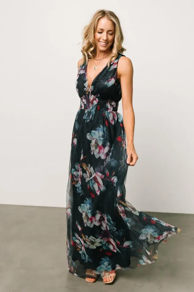 Women Kamila Tulle Maxi Dress Navy Abstract Floral Baltic Born Bump Friendly Women Kamila Tulle Maxi Dress Navy Abstract Floral Baltic Born Bump Friendly