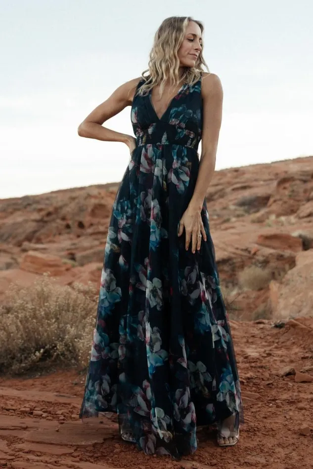 Women Kamila Tulle Maxi Dress Navy Abstract Floral Baltic Born Bump Friendly Women Kamila Tulle Maxi Dress Navy Abstract Floral Baltic Born Bump Friendly