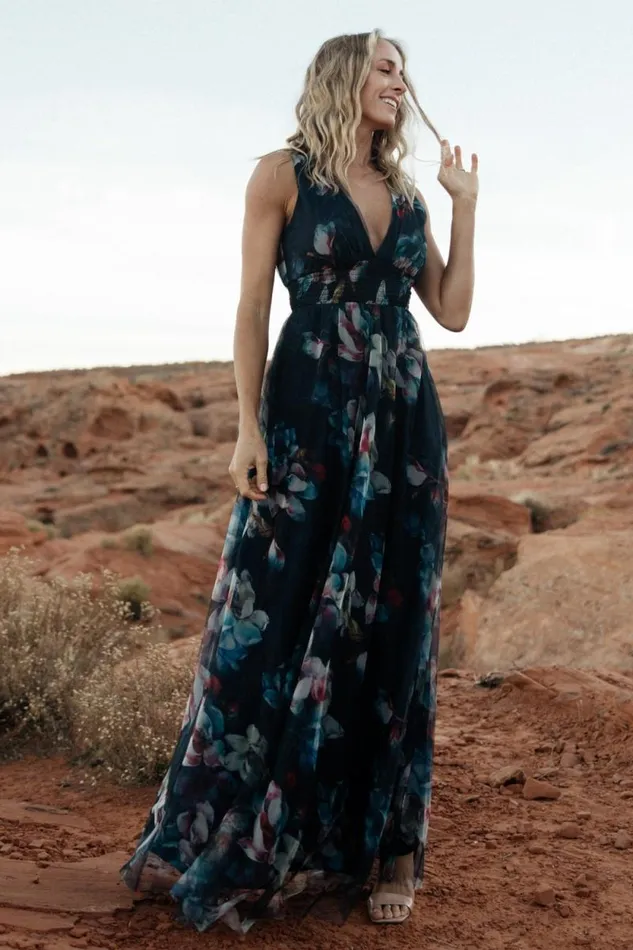 Women Kamila Tulle Maxi Dress Navy Abstract Floral Baltic Born Bump Friendly Women Kamila Tulle Maxi Dress Navy Abstract Floral Baltic Born Bump Friendly