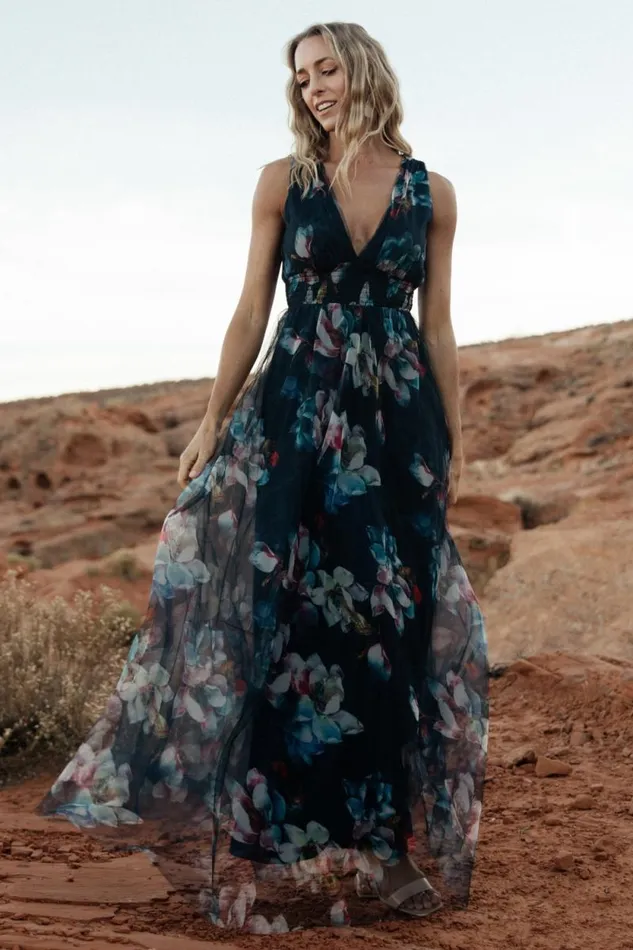 Women Kamila Tulle Maxi Dress Navy Abstract Floral Baltic Born Bump Friendly Women Kamila Tulle Maxi Dress Navy Abstract Floral Baltic Born Bump Friendly
