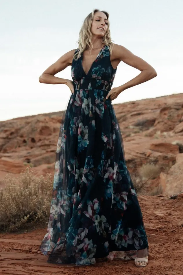 Women Kamila Tulle Maxi Dress Navy Abstract Floral Baltic Born Bump Friendly Women Kamila Tulle Maxi Dress Navy Abstract Floral Baltic Born Bump Friendly