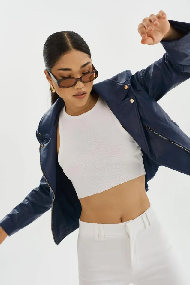 Women KELSEY GOLD Leather Biker Jacket Aegean Blue LAMARQUE Leather Jackets Women KELSEY GOLD Leather Biker Jacket Aegean Blue LAMARQUE Leather Jackets