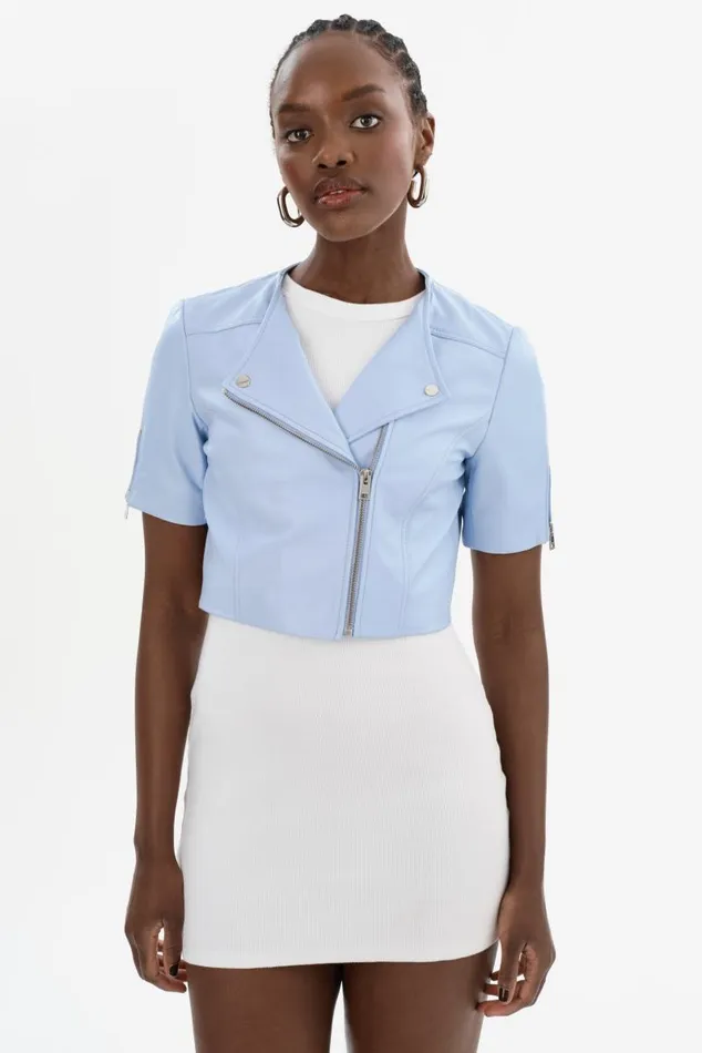 Women KIRSI Cropped Biker Jacket Cool Blue LAMARQUE Leather Jackets