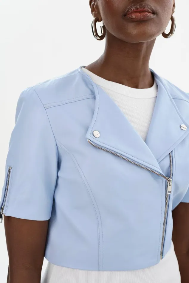 Women KIRSI Cropped Biker Jacket Cool Blue LAMARQUE Leather Jackets