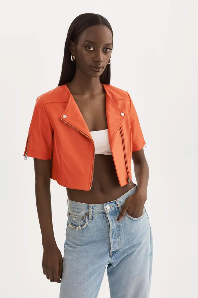 Women KIRSI Cropped Biker Jacket Spicy Orange LAMARQUE Leather Jackets