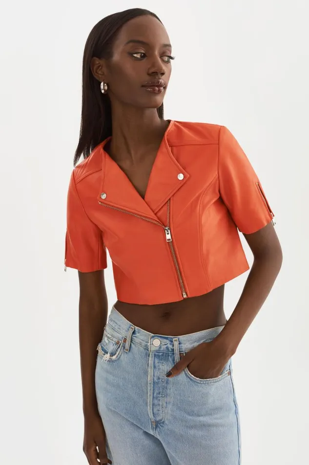 Women KIRSI Cropped Biker Jacket Spicy Orange LAMARQUE Leather Jackets