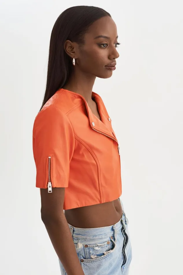 Women KIRSI Cropped Biker Jacket Spicy Orange LAMARQUE Leather Jackets