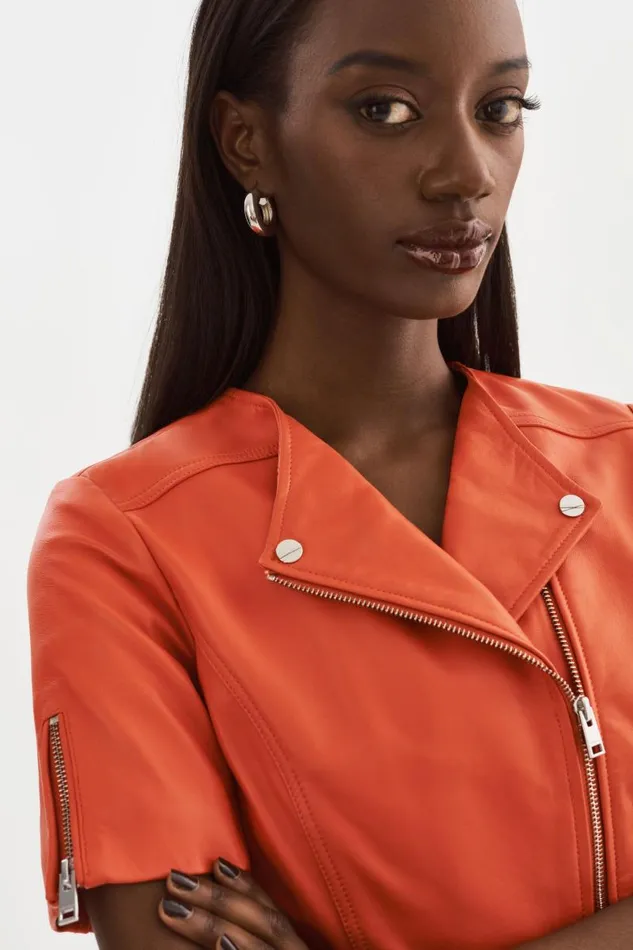 Women KIRSI Cropped Biker Jacket Spicy Orange LAMARQUE Leather Jackets