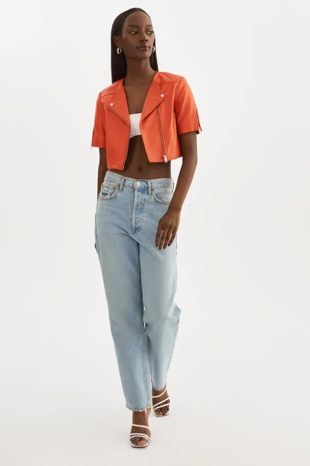 Women KIRSI Cropped Biker Jacket Spicy Orange LAMARQUE Leather Jackets