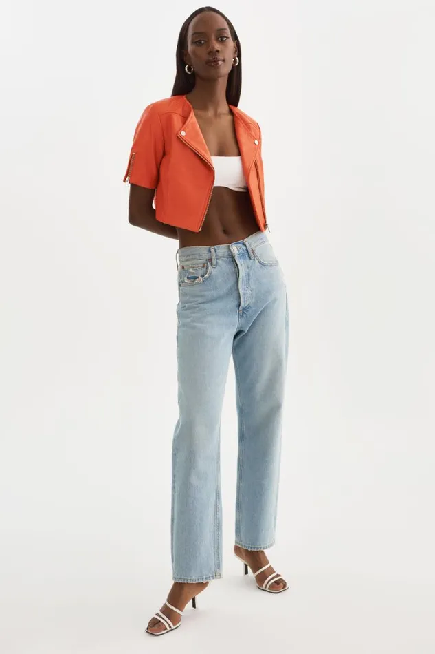 Women KIRSI Cropped Biker Jacket Spicy Orange LAMARQUE Leather Jackets