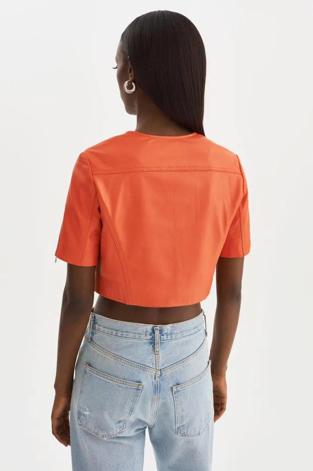 Women KIRSI Cropped Biker Jacket Spicy Orange LAMARQUE Leather Jackets