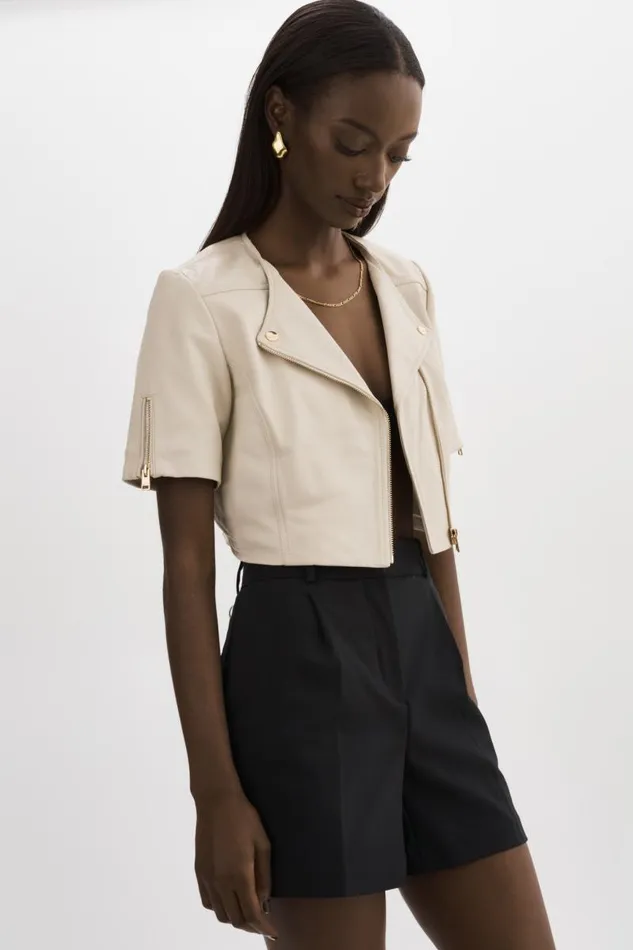 Women KIRSI GOLD Cropped Biker Jacket Bone LAMARQUE Short Sleeve Jackets Women KIRSI GOLD Cropped Biker Jacket Bone LAMARQUE Short Sleeve Jackets