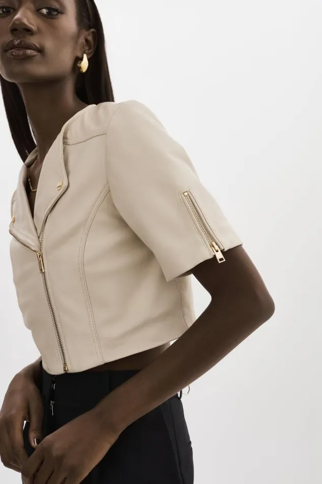 Women KIRSI GOLD Cropped Biker Jacket Bone LAMARQUE Short Sleeve Jackets Women KIRSI GOLD Cropped Biker Jacket Bone LAMARQUE Short Sleeve Jackets